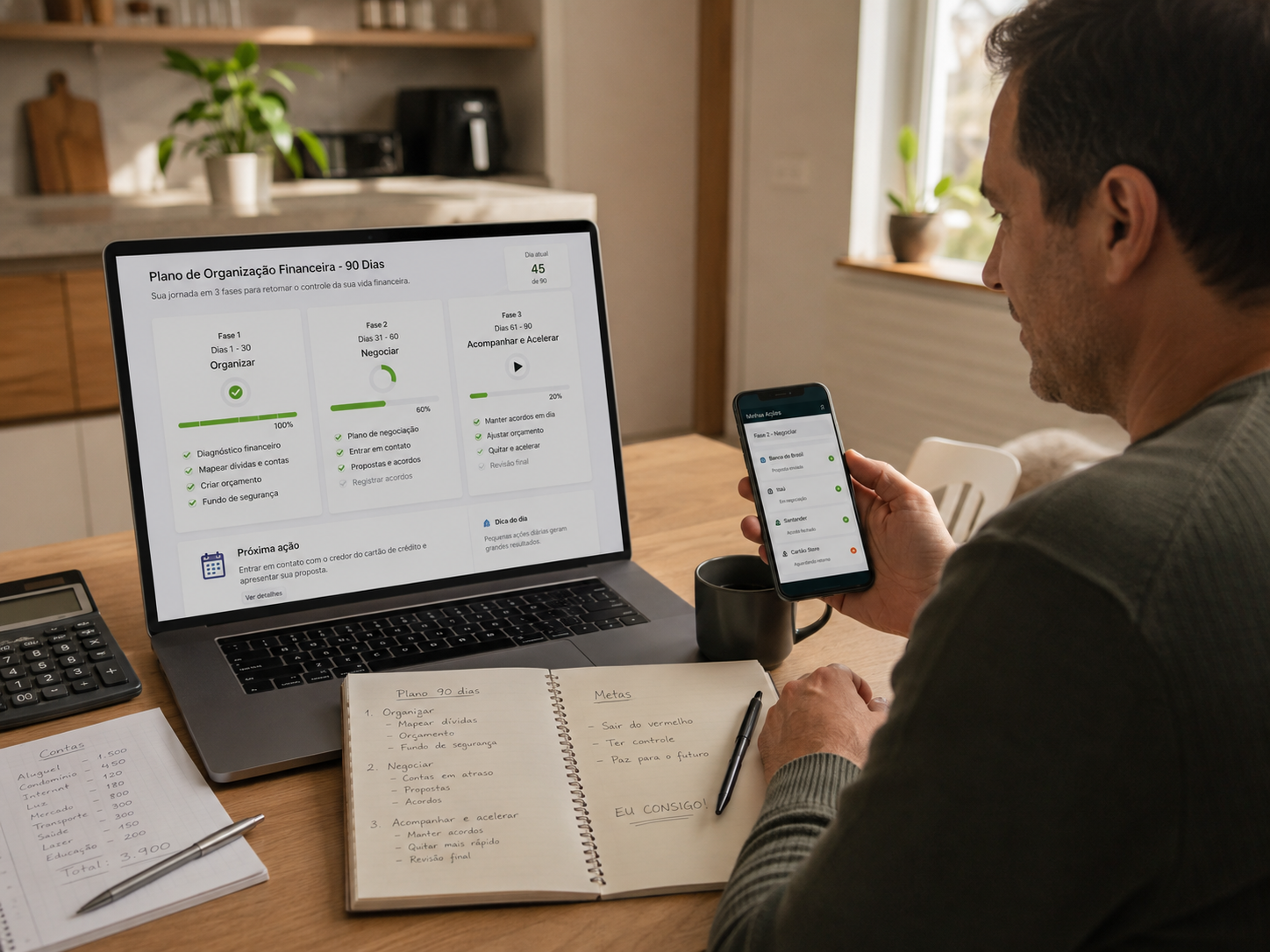 Pessoa acompanhando o Plano de Organização Financeira em 90 Dias pelo notebook e celular