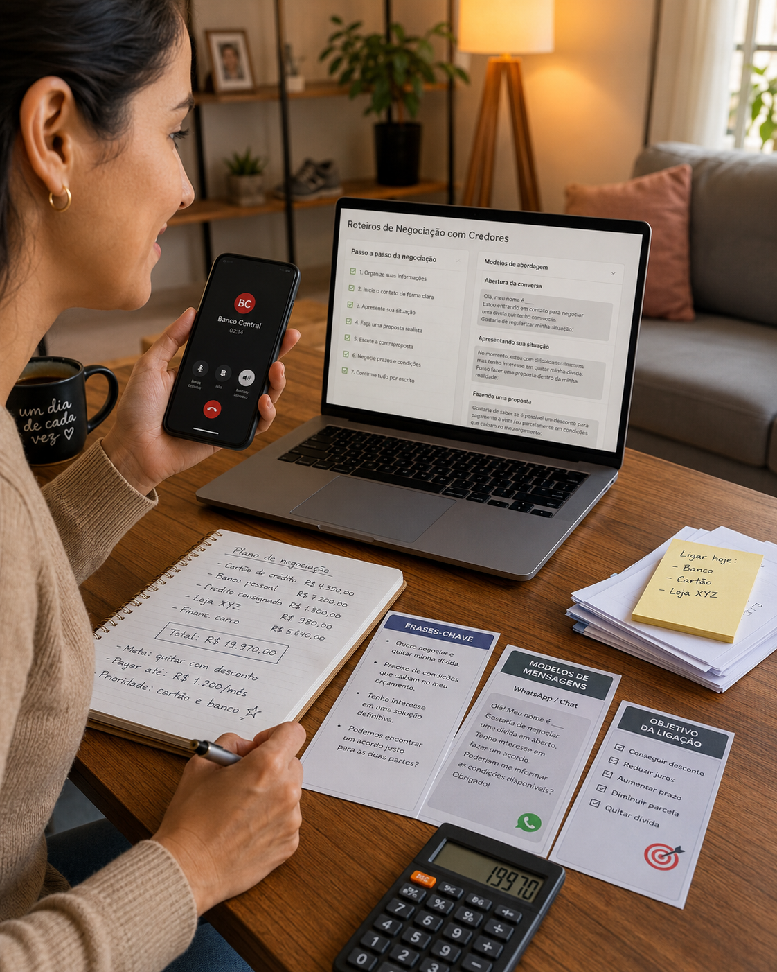 Pessoa usando os Roteiros de Negociação com Credores no notebook enquanto fala ao telefone com um banco