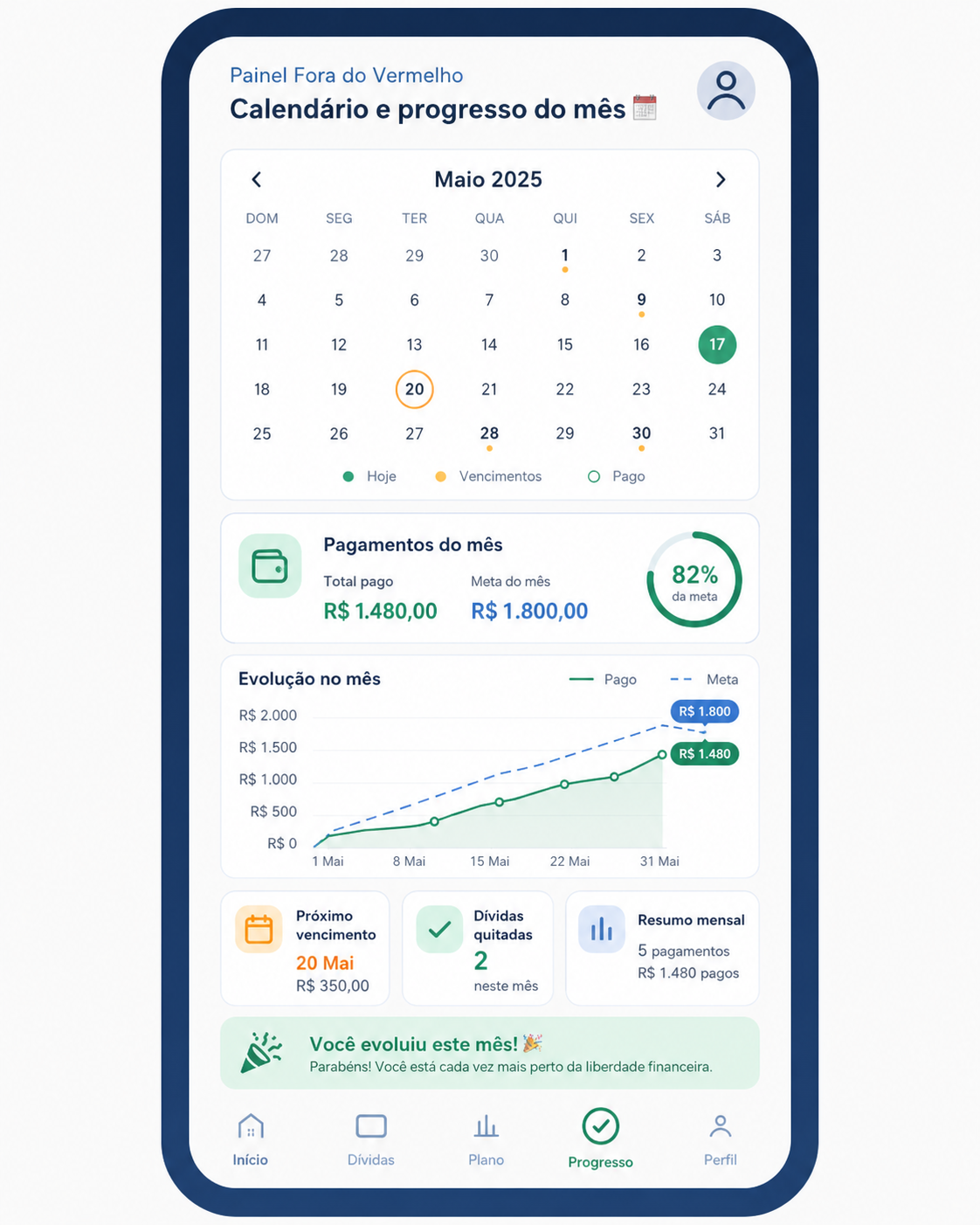 Tela ilustrativa do calendário financeiro com vencimentos e resumo mensal de progresso